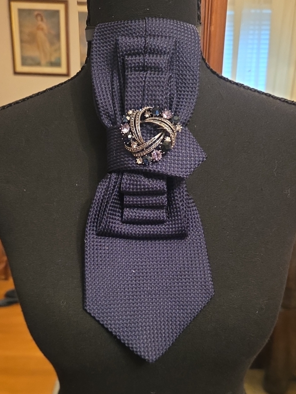 Navy Bow Tie Scarf with Rhinestone Brooch -